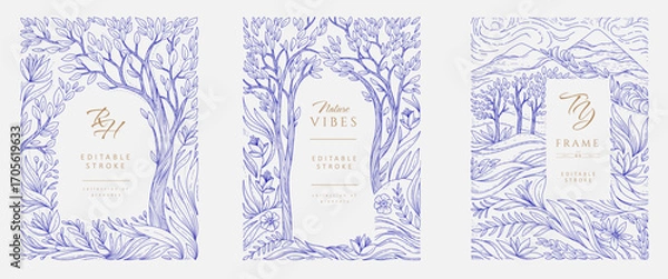 Obraz Set of frame illustrated with landscape and floral elements. Elegant collection of brochures for wedding invitation, wallpaper art or save the date card. Editable stroke