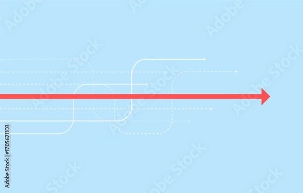 Fototapeta Straight red arrow moving forward on a blue background with multiple white dotted arrows behind, symbolizing focus, leadership, and clear direction.