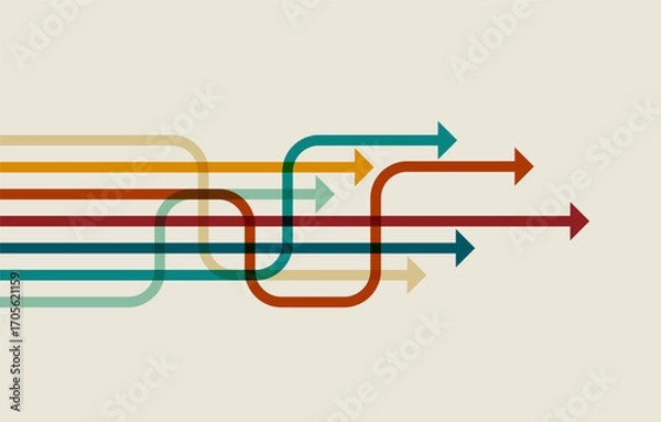 Fototapeta Business growth concept illustration with multiple colorful arrows moving forward, one red arrow rising upward as a symbol of leadership, progress, and success.