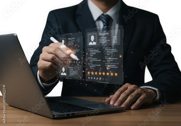 Fototapeta Businessman interacts with holographic resume on a digital interface