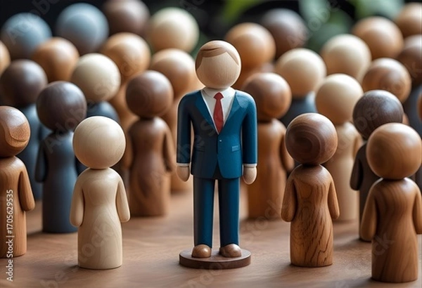 Fototapeta Single leader figure in a blue suit elevated on a round pedestal among a crowd of wooden figurines, symbolizing recognition and success.