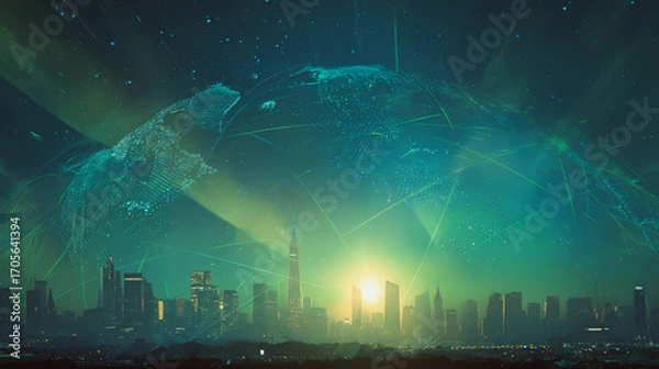 Fototapeta Twilight a city of modern business and smart digital innovation with a network of interconnected rewards over the cityscape of the future smart wireless digital city and social media network