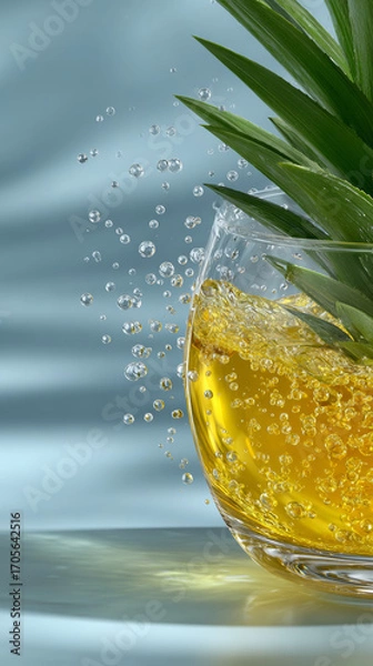 Fototapeta Fresh pineapple slice in water with splashing droplets, tropical fruit with green leaves, refreshing citrus drink with bubbles, juicy yellow fruit in motion