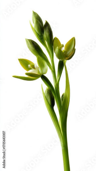 Fototapeta Green flower buds on single stem against white background, unopened plant blossoms with fresh leaves, botanical specimen with emerging blooms, natural floral growth stage
