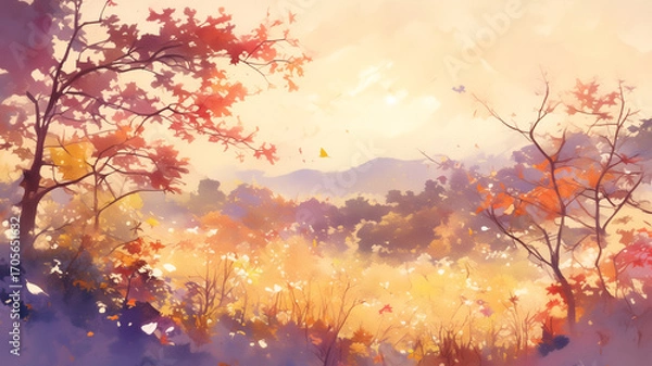 Fototapeta 水彩画の繊細な筆致で表現された秋の日本の紅葉風景。鮮やかに色づいた木々と柔らかな余白が調和し、神秘的で荘厳な雰囲気を漂わせる美しいアートイラスト。