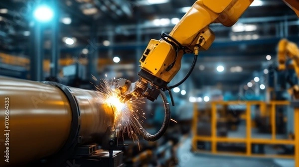 Fototapeta Automated welding process industrial facility image of robot manufacturing environment close-up view advanced technology for improved efficiency
