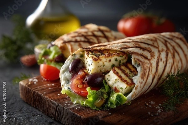 Fototapeta Greek-style halloumi burrito wrap with tzatziki and olives in bright modern kitchen setting