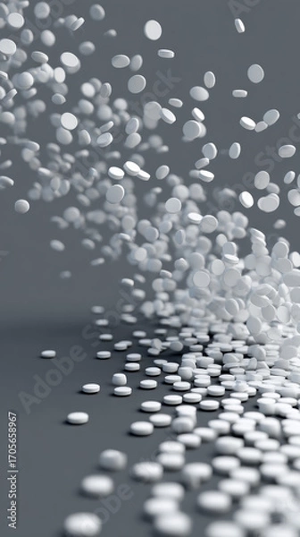 Fototapeta White pharmaceutical pills scattered on reflective surface, medicine tablets floating and falling, healthcare medication background, medical capsules in motion with depth of field

