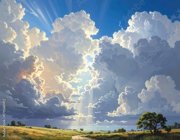Obraz A dramatic landscape painting showcases a sunlit path through a vast field, with towering clouds illuminated by radiant sunlight.