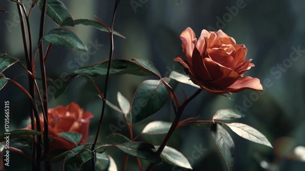 Fototapeta Red coral camellia flowers with glossy green leaves in moody garden setting, elegant blooming floral blossoms with dark atmospheric background, beautiful botanical nature photography with soft bokeh