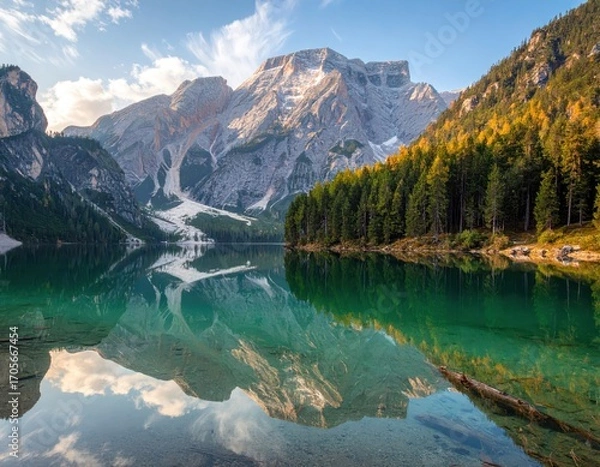 Obraz Picturesque alpine lake reflecting serene mountains and forests, showcasing a stunning mirroring effect.
