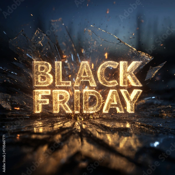 Fototapeta Black Friday Golden Text with Exploding Glass Effect