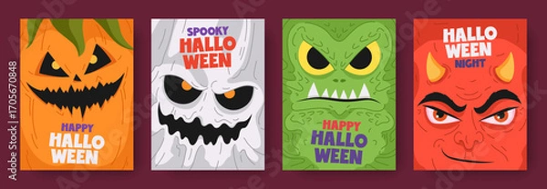 Fototapeta Cartoon colorful cards or posters set of Halloween with faces of monster characters. Hand drawn heads of pumpkin, ghost, crazy monster, devil. Holiday design for print, invitation, flyer, banner