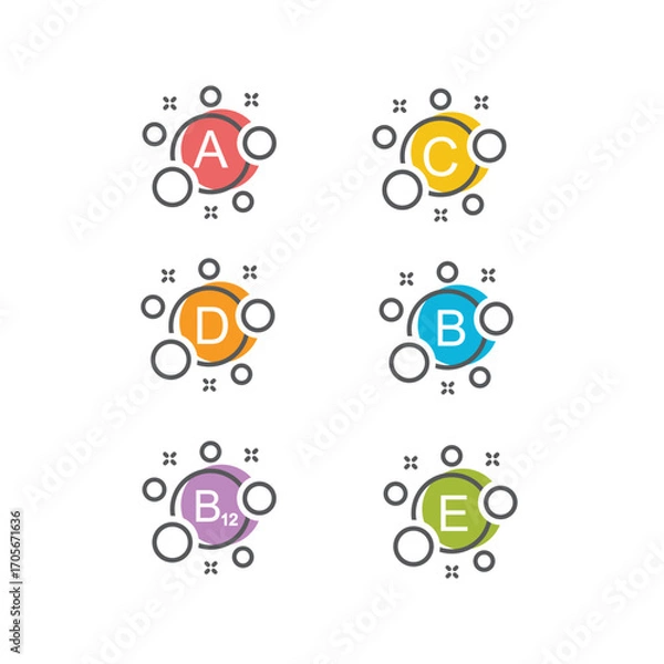 Fototapeta Vitamin B12, B, C, A, D, E, K,  vector. Set of Multi Vitamin, complex icons.