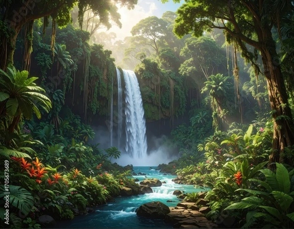 Fototapeta A lush, vibrant waterfall cascades through a dense tropical jungle, bathed in sunlight.