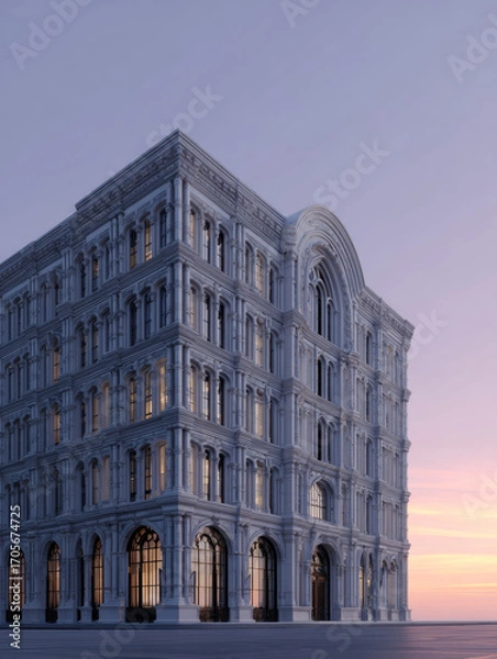 Fototapeta Historic white stone building with arched windows at sunset twilight, elegant classical European architecture facade with ornate details, vintage city landmark structure with multiple stories at dusk