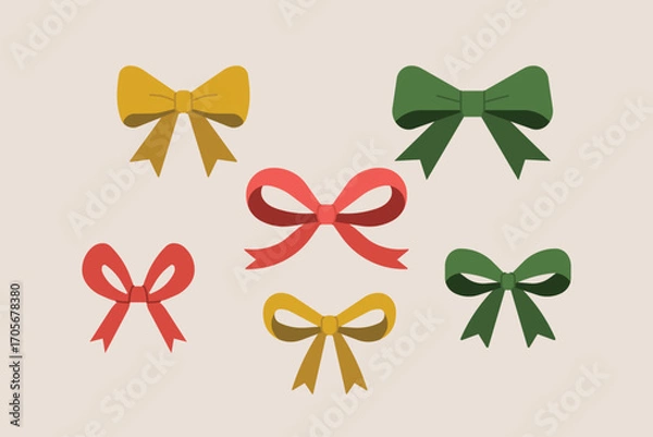 Fototapeta Set of colorful bows in red, green and gold on beige background, festive Christmas ribbons for gifts and decoration. Flat vector illustration