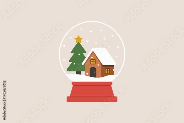 Fototapeta Snow globe with Christmas tree and house inside, snow falling around festive winter scene on beige background, traditional holiday decoration. Flat vector illustration