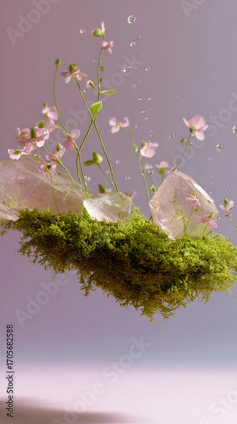 Fototapeta Delicate white flowers growing from green moss island floating on purple background, minimal botanical nature composition with tiny blooms and organic vegetation, artistic spring wildflowers sprouting