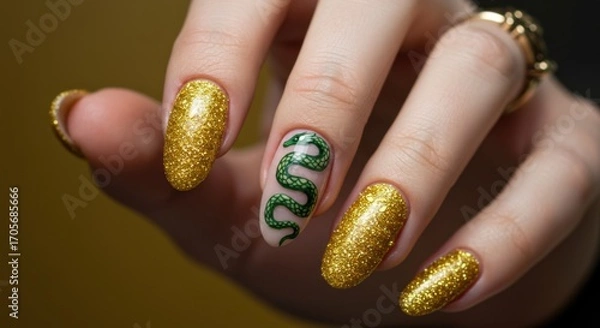 Fototapeta Sparkling golden nails adorned with a detailed green snake design