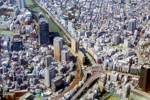 Obraz 飯田橋交差点上空から牛込神楽坂方向を空撮