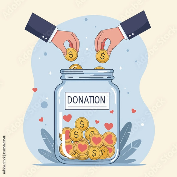 Fototapeta Hands putting coins into a donation jar filled with money and hearts, vector illustration.