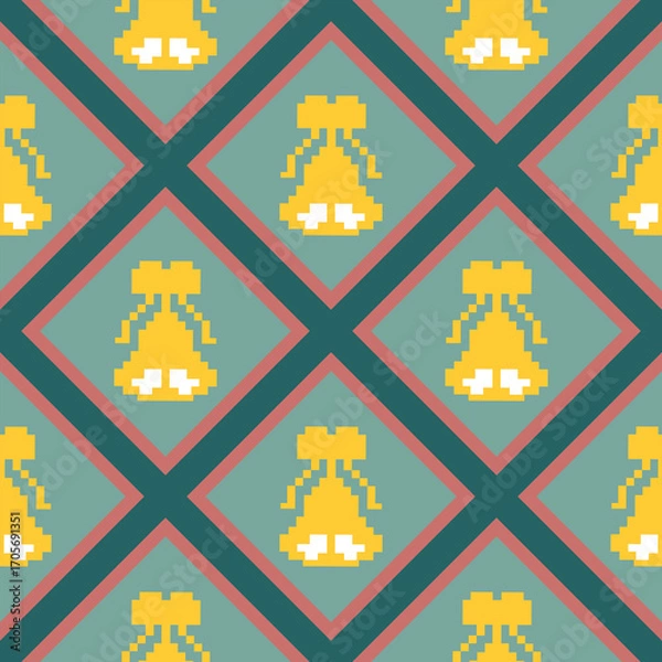 Obraz A Seamless Pattern of yellow bells, a decorative design for various projects. This repeating pattern features yellow bells on a teal background with red and teal diagonal lines