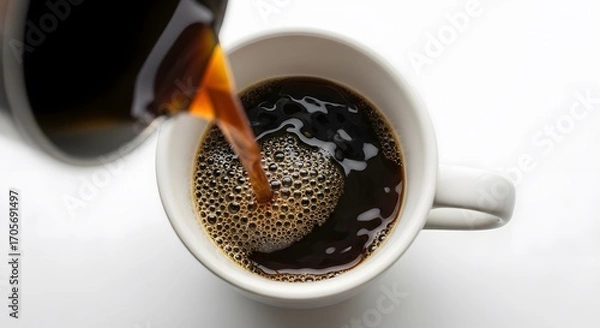 Fototapeta Top-down view of aromatic black coffee being poured from a pot into a white ceramic mug against a clean background