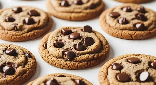 Fototapeta Top-down view of a delicious batch of freshly baked homemade chocolate chip cookies with melted chocolate morsels arranged on a white background