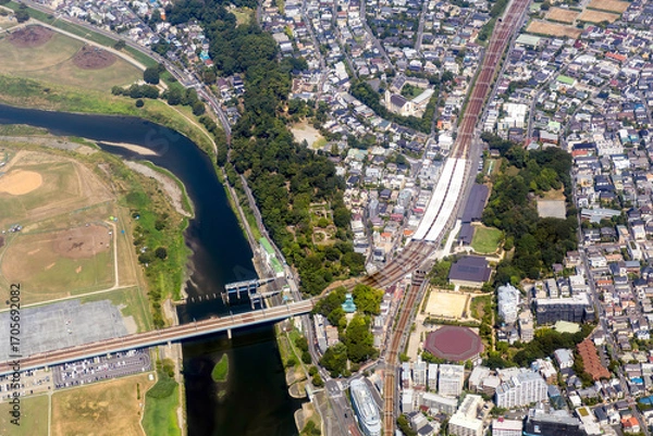 Obraz 東急東横線の多摩川駅付近を空撮