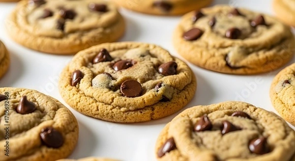 Fototapeta Close-up view of a delicious batch of classic homemade chocolate chip cookies with melted chocolate morsels on a white background