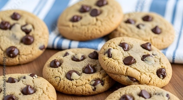 Fototapeta A delectable close-up of freshly baked homemade chocolate chip cookies resting on a rustic wooden surface and a striped cloth