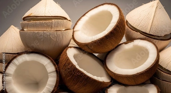 Fototapeta Abundant display of fresh tropical coconuts, featuring halved ripe ones and young coconuts for refreshing water