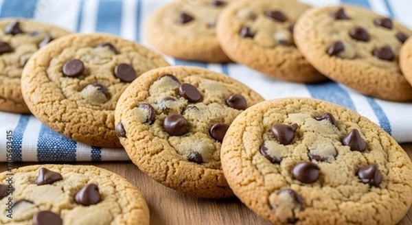 Fototapeta Close-up of freshly baked golden brown chocolate chip cookies arranged on a rustic wooden surface for a delicious homemade dessert