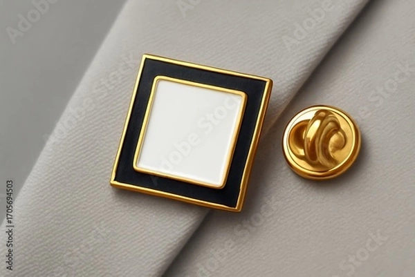 Fototapeta Blank square enamel pin mockup, black and gold lapel badge.