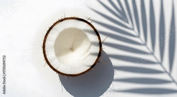 Fototapeta A fresh ripe coconut half lies on a white surface, with a dramatic shadow from a palm leaf creating a tropical summer scene