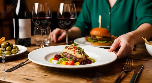 Fototapeta Elegant dining scene with a person being served a gourmet meal and a burger, accompanied by red wine on a wooden table