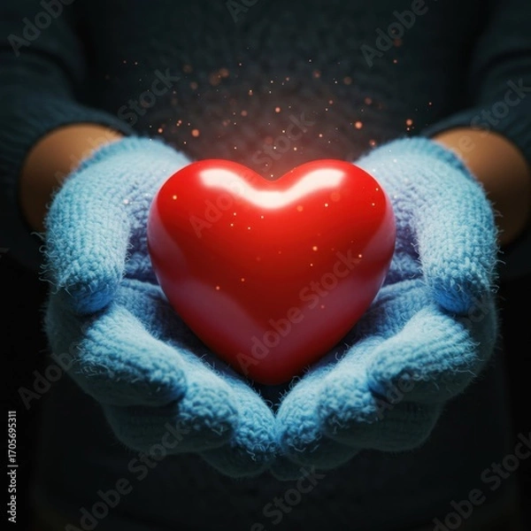 Fototapeta Hands in blue gloves hold a red heart with sparkles, conveying love, care, and a warm, affectionate gesture.