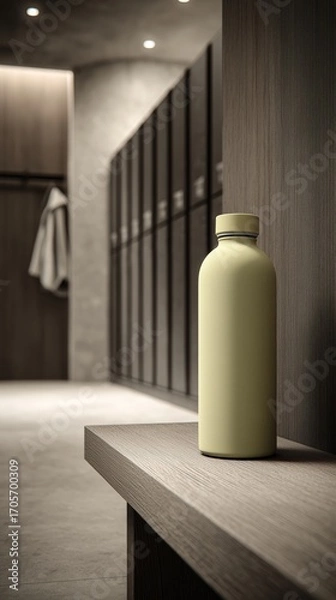 Obraz A modern gym locker room with a pastel yellow water bottle is placed neatly on the bench. 1