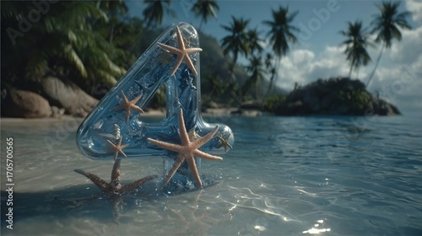 Obraz A giant, translucent "4" formed from crystalline, water material adorned with tiny starfish