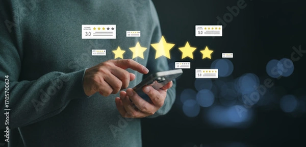 Fototapeta Man using smartphone to rate online service with five stars and customer feedback, concept of digital rating, review system, and client satisfaction for e-commerce and business platforms.