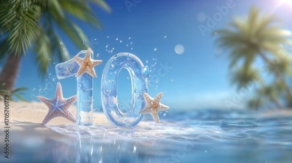 Obraz A giant, translucent "10" formed from crystalline, water material adorned with tiny starfish