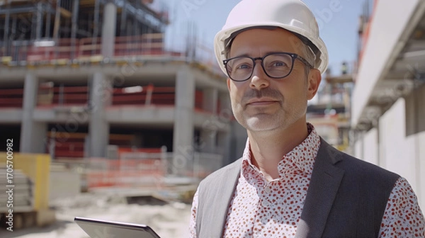 Obraz Man in hard hat holding tablet, checking blueprint on digital device at construction site.