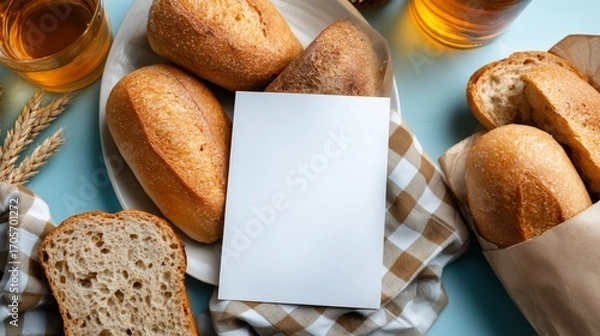 Obraz A big blank white A4 paper restaurant lunch menu mock-up surrounded by freshly baked bread. 1