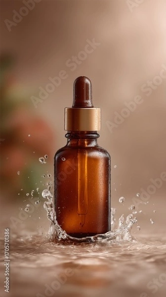 Obraz A product photo of an amber glass dropper bottle, plunges into clear water. 2
