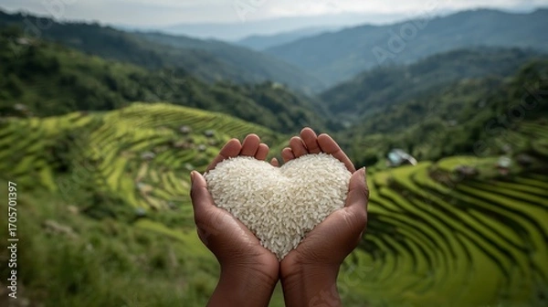 Obraz Two hands holding a lot of white, uncooked rice. The rice is forming a heart shape. 2