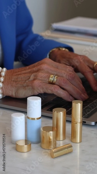 Obraz A closeup of a woman's hands typing on a laptop surrounded by white minimalist beauty products. 2