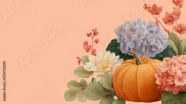 Obraz A warm background, with an orange pumpkin surrounded by watercolor flowers and leaves. 4
