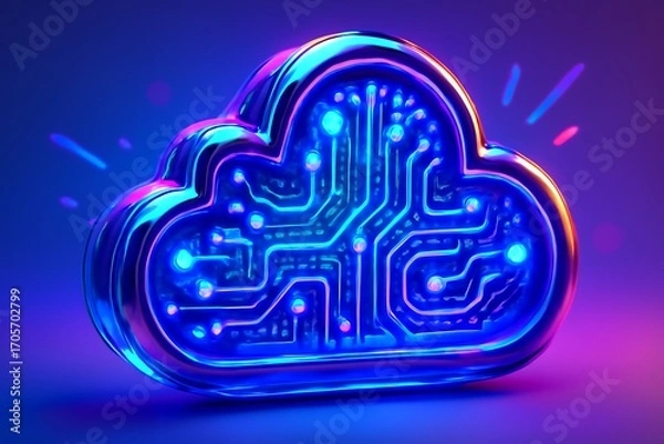 Fototapeta 3D glass cloud icon, purple-blue tones with circuit networking details.