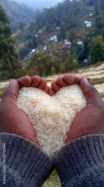 Obraz Two hands holding a lot of white, uncooked rice. The rice is forming a heart shape. 4